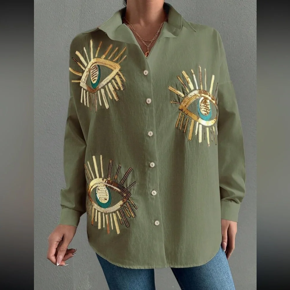 Boho blue eye embroidered button down long sleeve shirt - Picture 3 of 5
